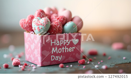 Sweet heart-shaped candies in a festive box for happy mother's day celebration Sweet heart-shaped candies in a festive box for happy mother's day celebration 127492015
