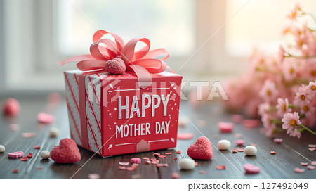 Elegant mother's day gift box with floral decoration in soft pastel tones 127492049