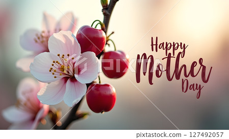 Delicate Blossom and Red Cherries with 'Happy Mother's Day' Greeting Display Delicate Blossom and Red Cherries with 'Happy Mother's Day' Greeting Display 127492057