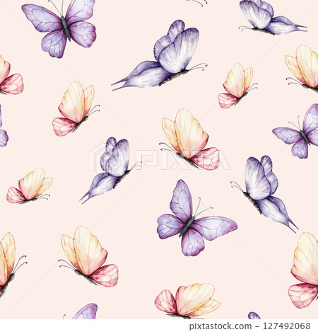 Seamless pattern with beautiful colorful butterflies. Watercolor hand drawn insect clipart isolated on background. Botanical and wedding illustration. Baby shower design elements. Party invitation Seamless pattern with beautiful colorful butterflies. Watercolor hand drawn insect clipart isolated on background. Botanical and wedding illustration. Baby shower design elements. Party invitation 127492068