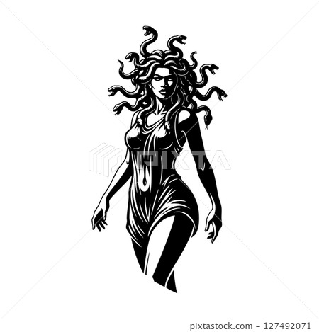 Medusa figure with flowing snake hair, mythological female character in black-and-white engraving style, mysterious and fierce. Medusa figure with flowing snake hair, mythological female character in black-and-white engraving style, mysterious and fierce. 127492071