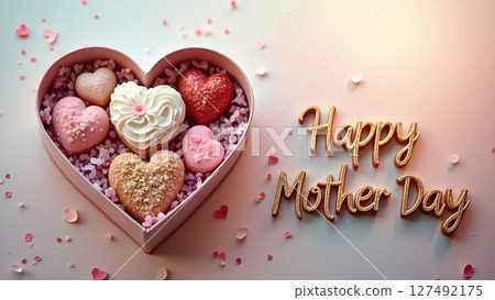 Heart-Shaped Box Filled with Mother's Day Treats and Affectionate Wishes 127492175