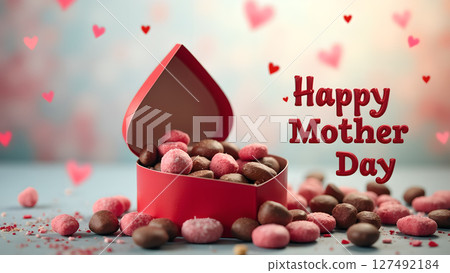 Celebratory Mother's Day Image with Heart-Shaped Candy Box and Festive Background 127492184