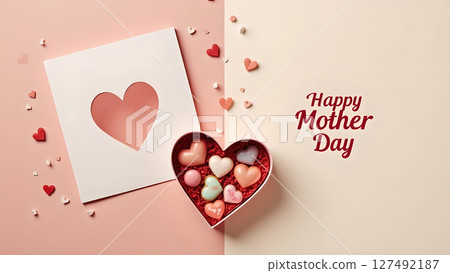 A heartwarming Mother's Day image featuring a heart-shaped gift and a card A heartwarming Mother's Day image featuring a heart-shaped gift and a card 127492187