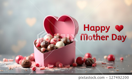 Elegant heart shaped box filled with gourmet chocolates for Mother's Day gift 127492200