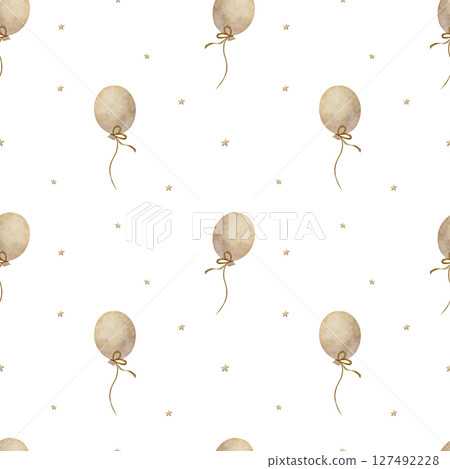 Pattern air balloon beige, watercolor illustration hand drawn. Seamless print in vintage style on isolated background design children's textiles fabrics, wallpapers nursery, packaging clothes postcard 127492228