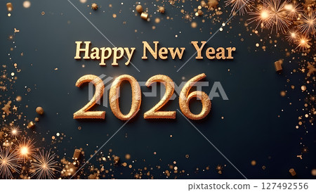 Elegant Happy New Year 2026 Celebration with Golden Text and Festive Sparkles Elegant Happy New Year 2026 Celebration with Golden Text and Festive Sparkles 127492556