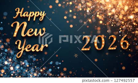 Golden 'Happy New Year 2026' on a dark blue background with bokeh lights Golden 'Happy New Year 2026' on a dark blue background with bokeh lights 127492557