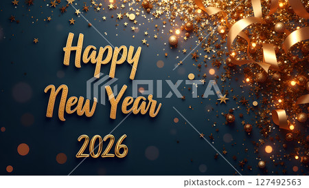 Festive golden happy new year 2026 design with confetti and ribbons 127492563