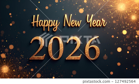 Elegant Happy New Year 2026 Gold Text on Dark Blue Background with Bokeh 127492564
