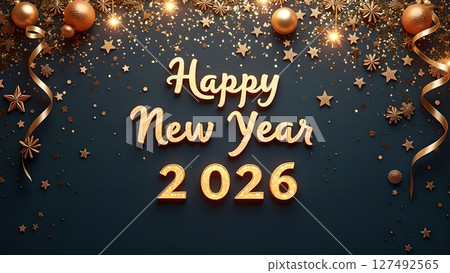 Elegant Happy New Year 2026 Celebration with Golden Decorations and Festive Atmosphere 127492565