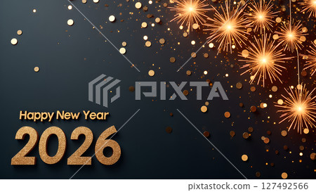 Elegant 'Happy New Year 2026' greeting with golden fireworks and confetti design 127492566