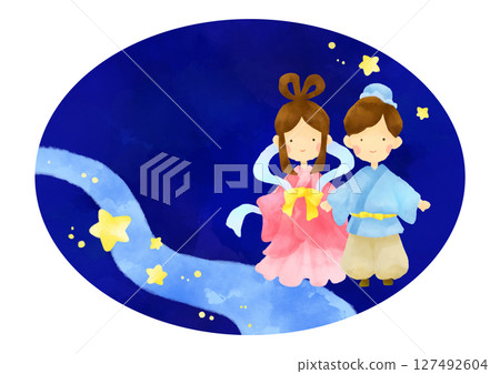 七夕夜織姬與彥星相遇的水彩畫 七夕夜織姬與彥星相遇的水彩畫 127492604
