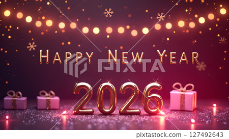 Golden 2026 New Year celebration background with lights and gift boxes design Golden 2026 New Year celebration background with lights and gift boxes design 127492643