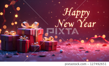 Sparkling Happy New Year Celebration with Gifts and Festive Decoration 127492651