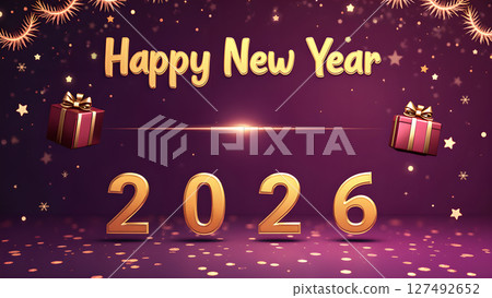 Festive Happy New Year 2026 Celebration with Golden Numerals and Gift Boxes Festive Happy New Year 2026 Celebration with Golden Numerals and Gift Boxes 127492652
