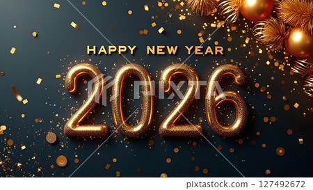 Elegant Happy New Year 2026 Celebration with Golden Decorations and Festive Confetti 127492672