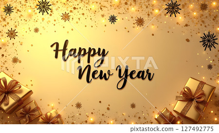 Elegant golden happy new year background with gifts and sparkling elements 127492775