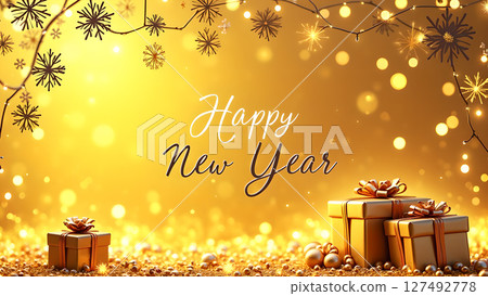 Golden Happy New Year Celebration with Gifts and Festive Lights Backdrop Golden Happy New Year Celebration with Gifts and Festive Lights Backdrop 127492778