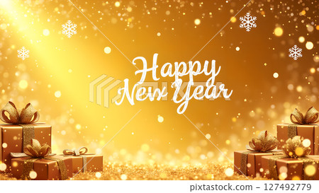 Golden happy new year background with gifts and glittering decorations 127492779