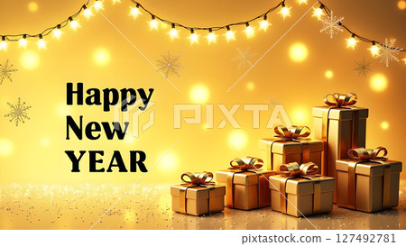 Golden happy new year celebration with gifts, lights and snowflakes background Golden happy new year celebration with gifts, lights and snowflakes background 127492781