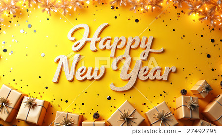 Festive yellow background with Happy New Year text, presents, and golden lights Festive yellow background with Happy New Year text, presents, and golden lights 127492795