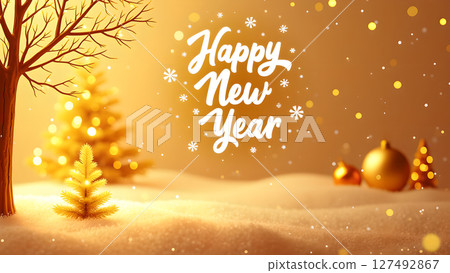 Golden New Year Greeting with Snowflakes and Festive Decorations Background 127492867