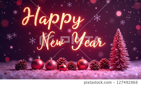 Festive Happy New Year greeting with decorations, creating a joyful atmosphere 127492868