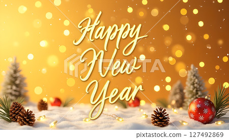 Festive Happy New Year Greeting with Golden Bokeh and Holiday Decorations 127492869