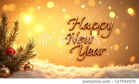 Festive Happy New Year greeting with golden text and christmas tree decorations 127492870