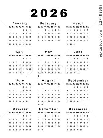Calendar 2026, Week Starts Sunday, One Page A4. Design Planner Template. Print. Calendar 2026, Week Starts Sunday, One Page A4. Design Planner Template. Print. 127492983