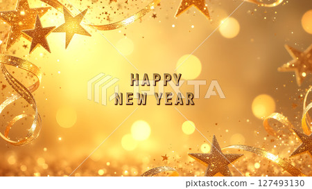 Golden Happy New Year background with twinkling lights and sparkling stars Golden Happy New Year background with twinkling lights and sparkling stars 127493130