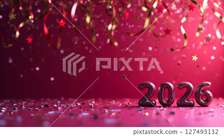 Festive 2026 New Year Celebration with Elegant Decorations on a Red Backdrop Festive 2026 New Year Celebration with Elegant Decorations on a Red Backdrop 127493132
