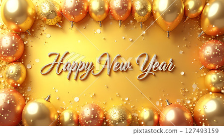 Elegant happy new year background with gold balloons and confetti celebration Elegant happy new year background with gold balloons and confetti celebration 127493159