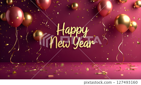 Festive new year celebration with golden confetti and balloons against vibrant background Festive new year celebration with golden confetti and balloons against vibrant background 127493160