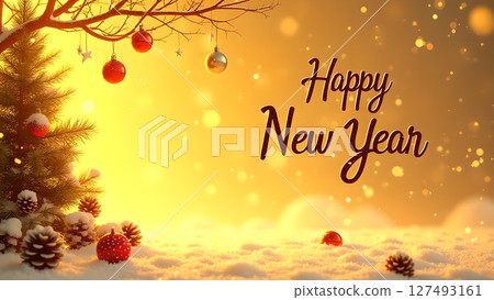Festive Happy New Year Scene with Decorated Christmas Tree and Snowy Landscape Festive Happy New Year Scene with Decorated Christmas Tree and Snowy Landscape 127493161
