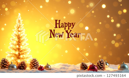 Festive happy new year background with christmas tree and bokeh lights design 127493164