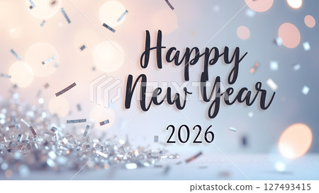 Elegant Happy New Year 2026 Celebration Image with Silver Confetti and Bokeh Elegant Happy New Year 2026 Celebration Image with Silver Confetti and Bokeh 127493415