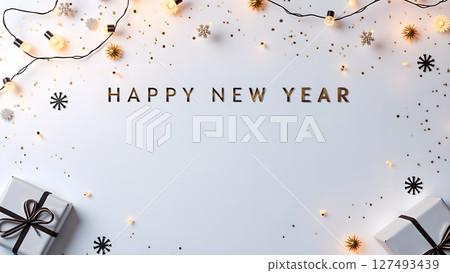 Elegant Happy New Year Decoration with Gifts and Festive Lights on White Background Elegant Happy New Year Decoration with Gifts and Festive Lights on White Background 127493439