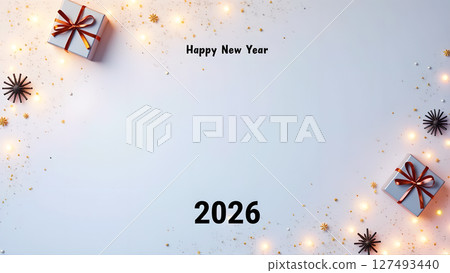 Festive New Year 2026 Celebration Background with Gifts and Glittering Lights Festive New Year 2026 Celebration Background with Gifts and Glittering Lights 127493440