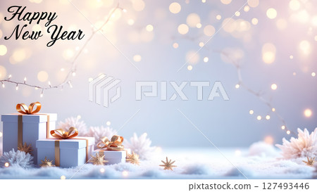 Enchanting Happy New Year backdrop with presents and delicate festive lights 127493446