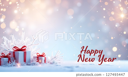 Magical New Year Celebration with Gifts, Snowflakes, and Festive Atmosphere Magical New Year Celebration with Gifts, Snowflakes, and Festive Atmosphere 127493447