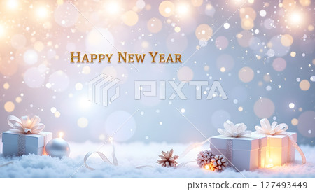 Festive Happy New Year image with gift boxes and a sparkling background 127493449