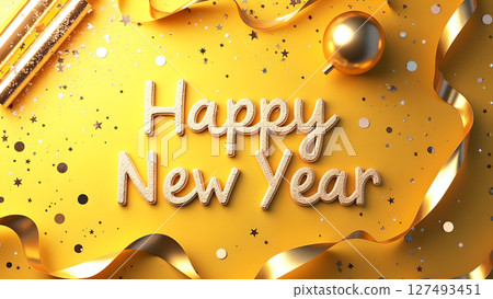 Festive New Year Celebration with Golden Decorations and Confetti on Yellow Festive New Year Celebration with Golden Decorations and Confetti on Yellow 127493451