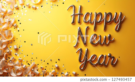 Golden happy new year text with party streamers and confetti on yellow backdrop Golden happy new year text with party streamers and confetti on yellow backdrop 127493457