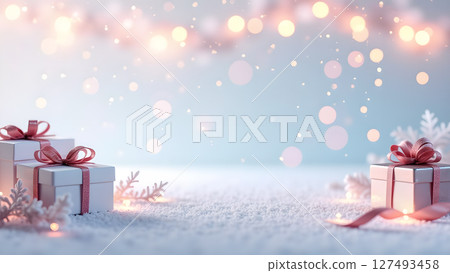 Magical Christmas gifts background with snow and blurred lights adding festive cheer 127493458