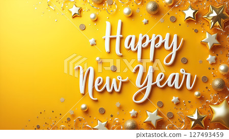 Festive Happy New Year Celebration with Gold Decorations on Yellow Background Festive Happy New Year Celebration with Gold Decorations on Yellow Background 127493459