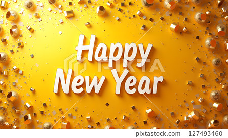 Festive happy new year background with golden decorations and confetti Festive happy new year background with golden decorations and confetti 127493460