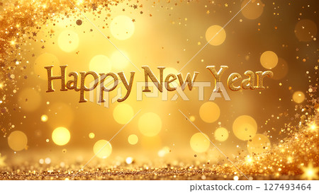 Golden Happy New Year Celebration with Glittering Bokeh Lights Background 127493464