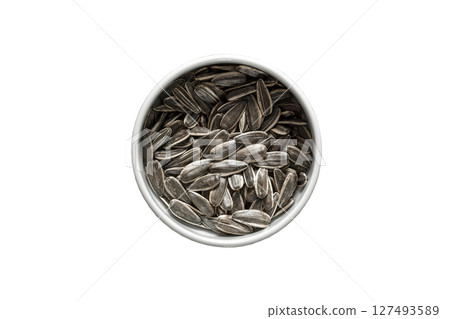 Sunflower seeds, unpeeled striped in white bowl, isolated on white background with clipping path Sunflower seeds, unpeeled striped in white bowl, isolated on white background with clipping path 127493589